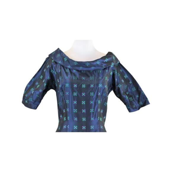 1950s Navy Blue Day Dress Purple Green Geometric Print Size Small - Picture 3 of 14